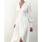 Women's V-Neck Lantern Sleeve Midi Dress with Button-Front | Clara