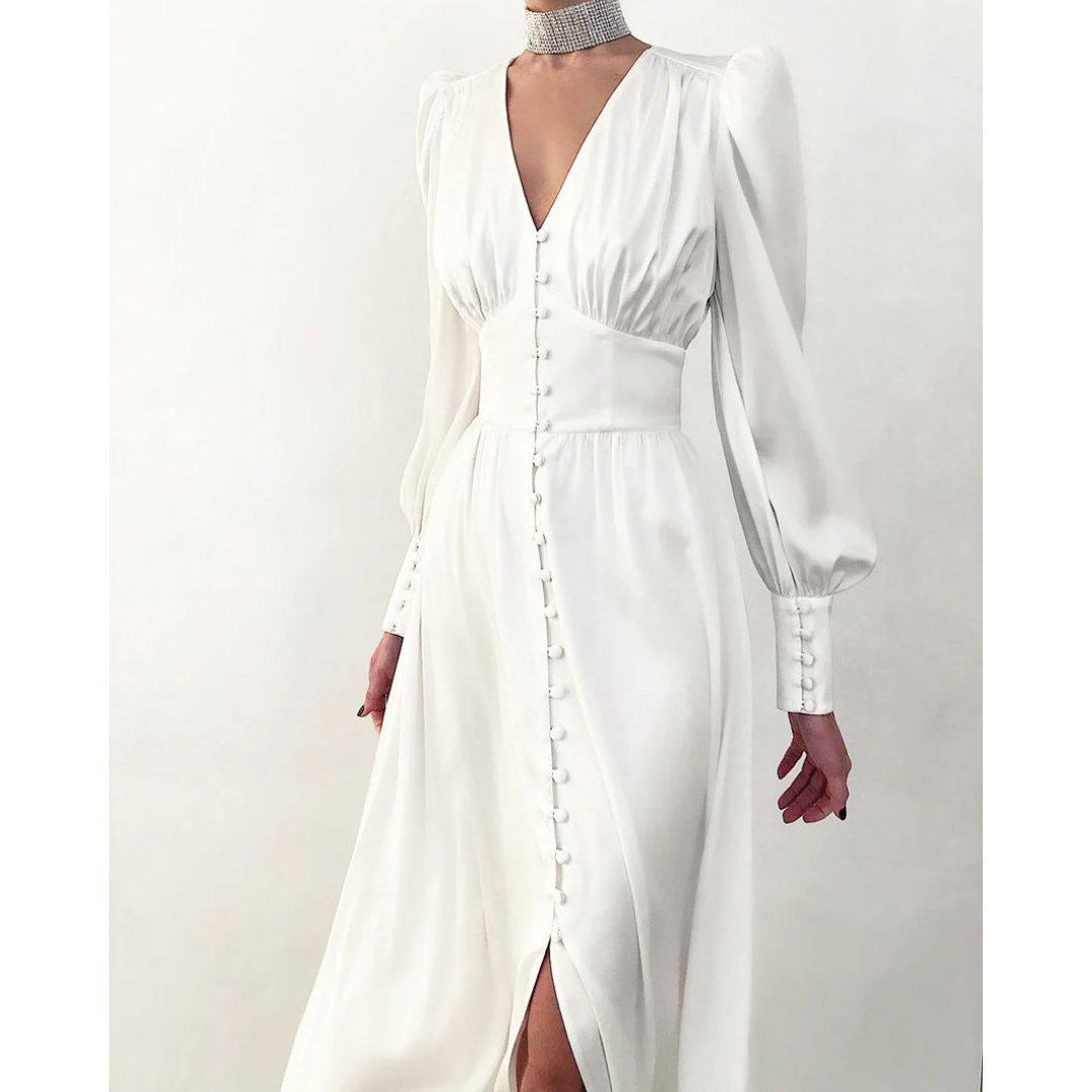 Women's V-Neck Lantern Sleeve Midi Dress with Button-Front | Clara