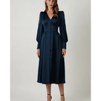 Women's V-Neck Lantern Sleeve Midi Dress with Button-Front | Clara
