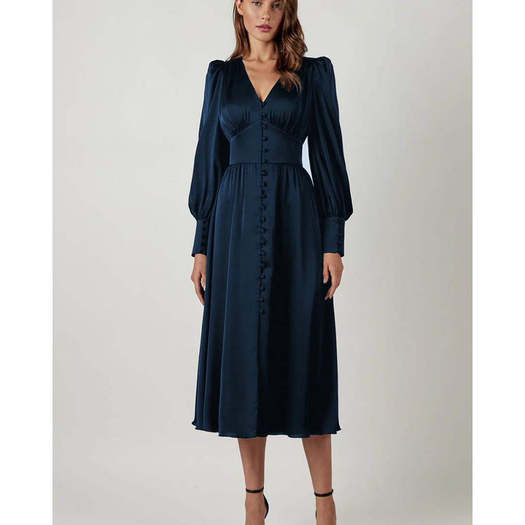 Women's V-Neck Lantern Sleeve Midi Dress with Button-Front | Clara