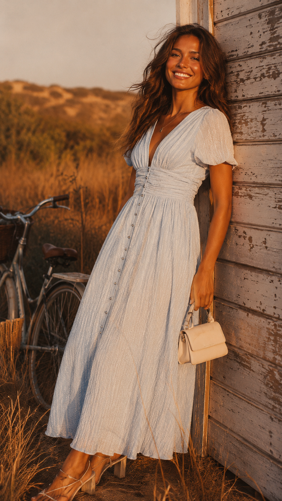 Women's V-Neck Midi Dress with Puff Sleeves & Button Front | Nina