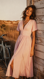 Women's V-Neck Midi Dress with Puff Sleeves & Button Front | Nina
