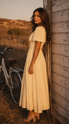 Women's V-Neck Midi Dress with Puff Sleeves & Button Front | Nina