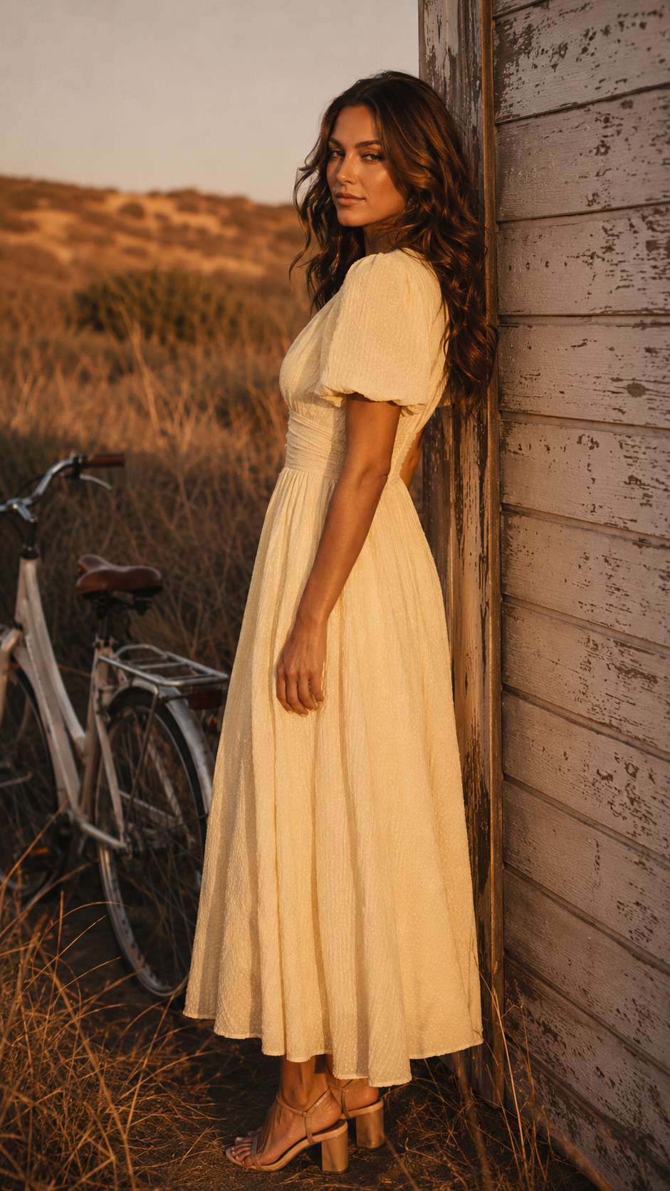 Women's V-Neck Midi Dress with Puff Sleeves & Button Front | Nina