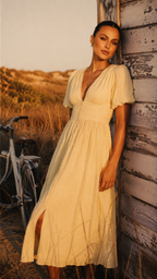 Women's V-Neck Midi Dress with Puff Sleeves & Button Front | Nina