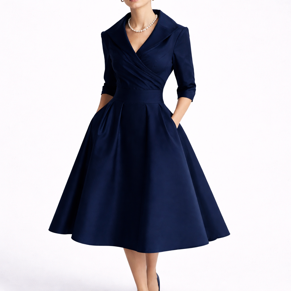 Women's Wrap Midi Dress with Collar & 3/4 Sleeves | Kayla