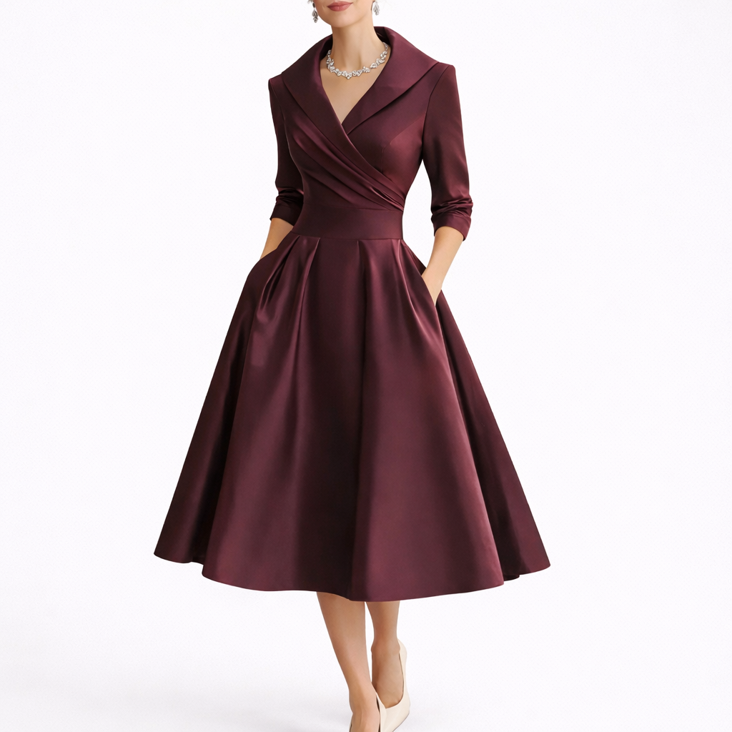 Women's Wrap Midi Dress with Collar & 3/4 Sleeves | Kayla