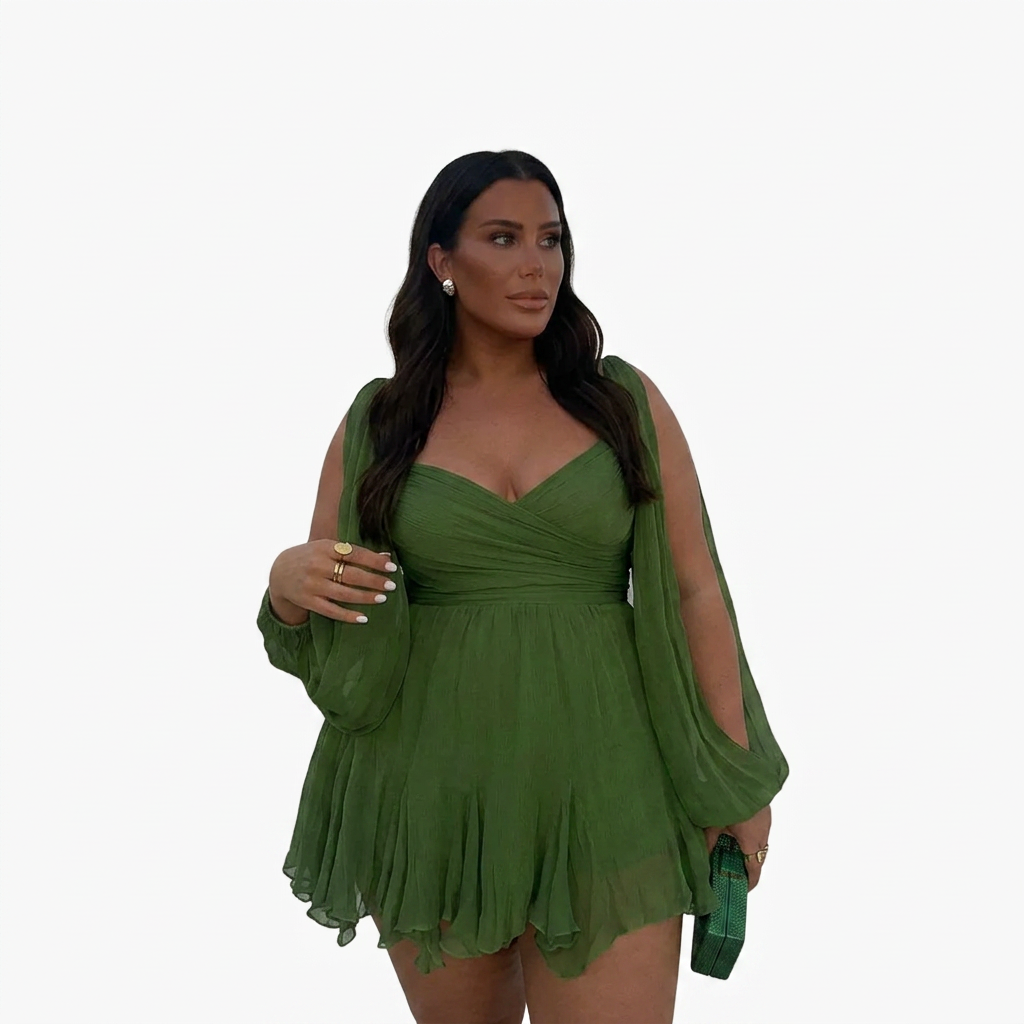 Women's Wrap Mini Dress with Sheer Slit Sleeves & Tie Waist | Georgia