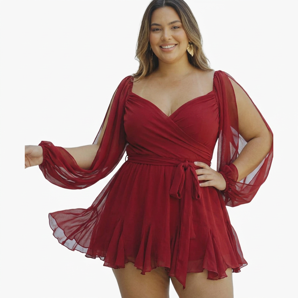 Women's Wrap Mini Dress with Sheer Slit Sleeves & Tie Waist | Georgia