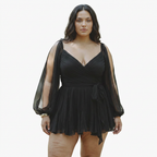 Women's Wrap Mini Dress with Sheer Slit Sleeves & Tie Waist | Georgia