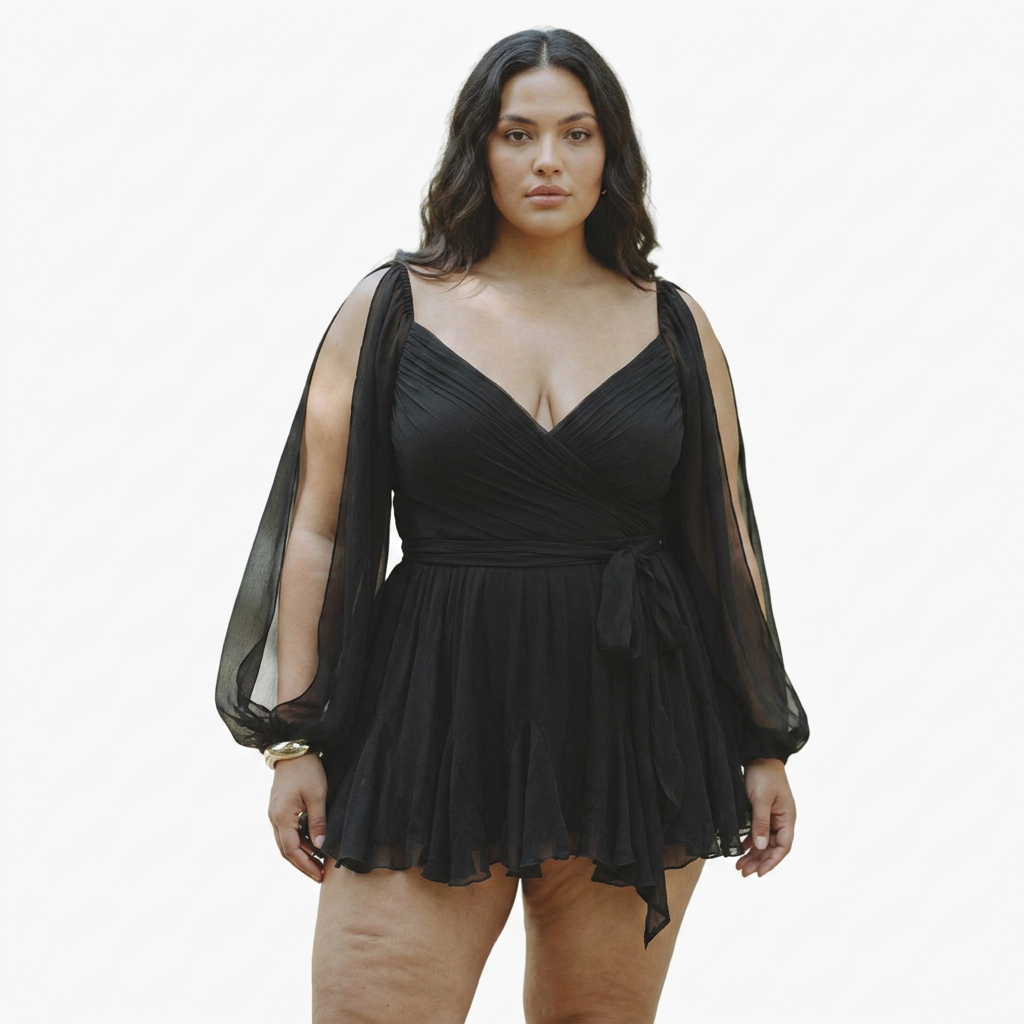 Women's Wrap Mini Dress with Sheer Slit Sleeves & Tie Waist | Georgia
