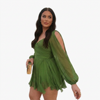 Women's Wrap Mini Dress with Sheer Slit Sleeves & Tie Waist | Georgia