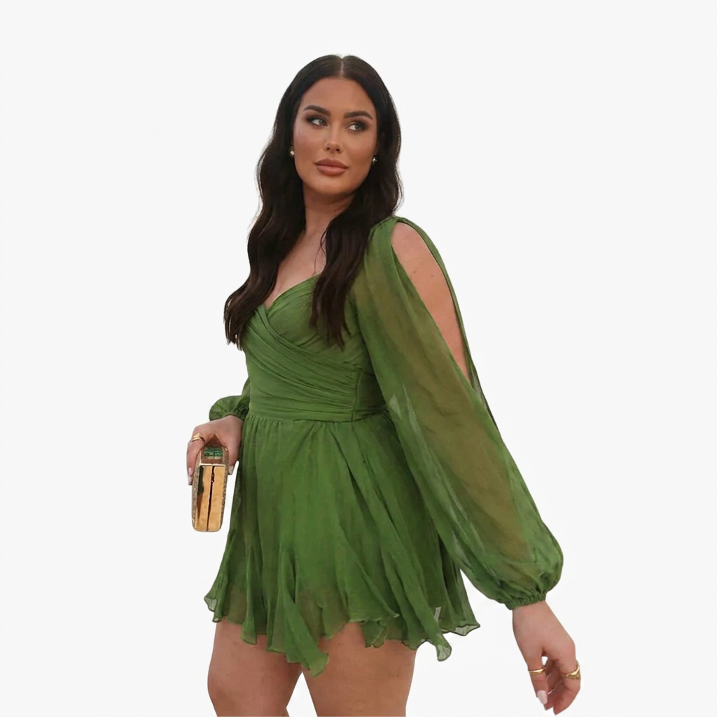 Women's Wrap Mini Dress with Sheer Slit Sleeves & Tie Waist | Georgia