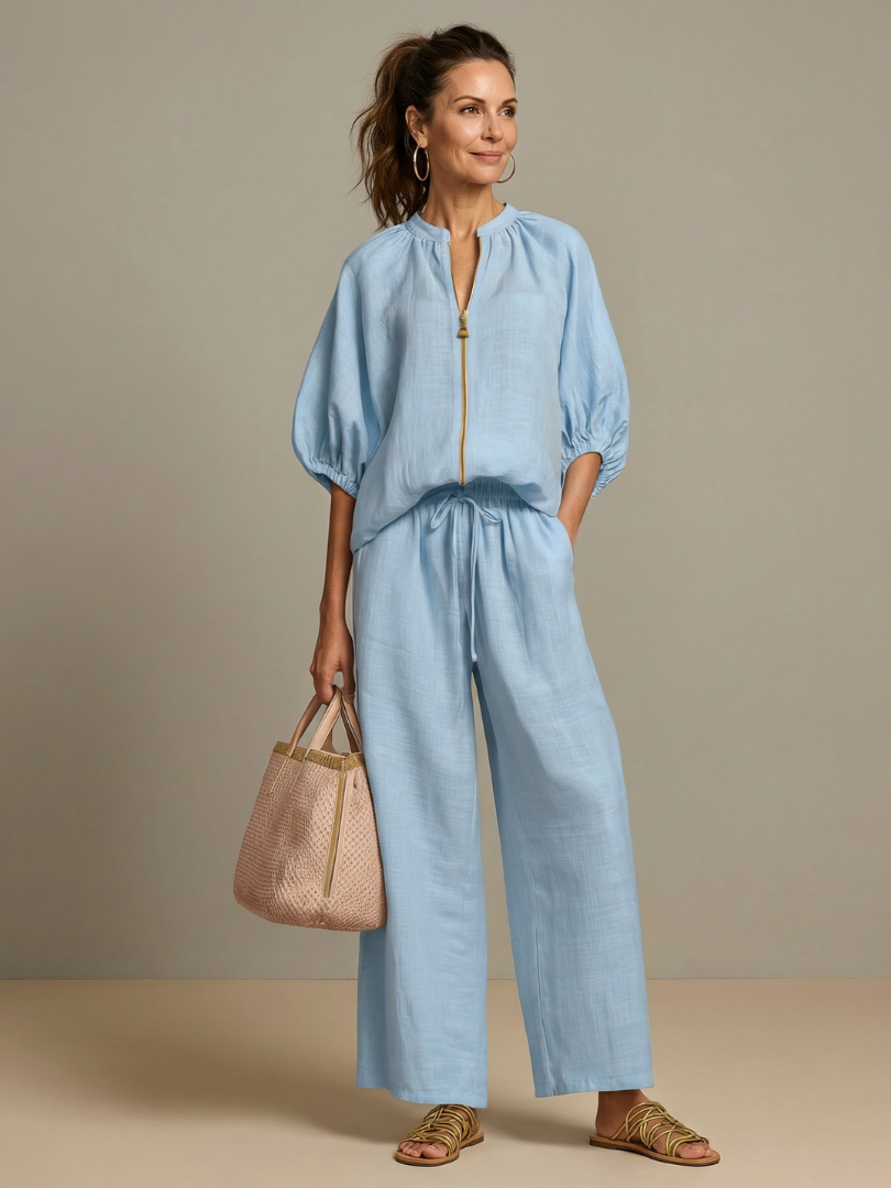 Women's Zip-Front Linen Blend Blouson Top & Wide Leg Pants Set | Olivia