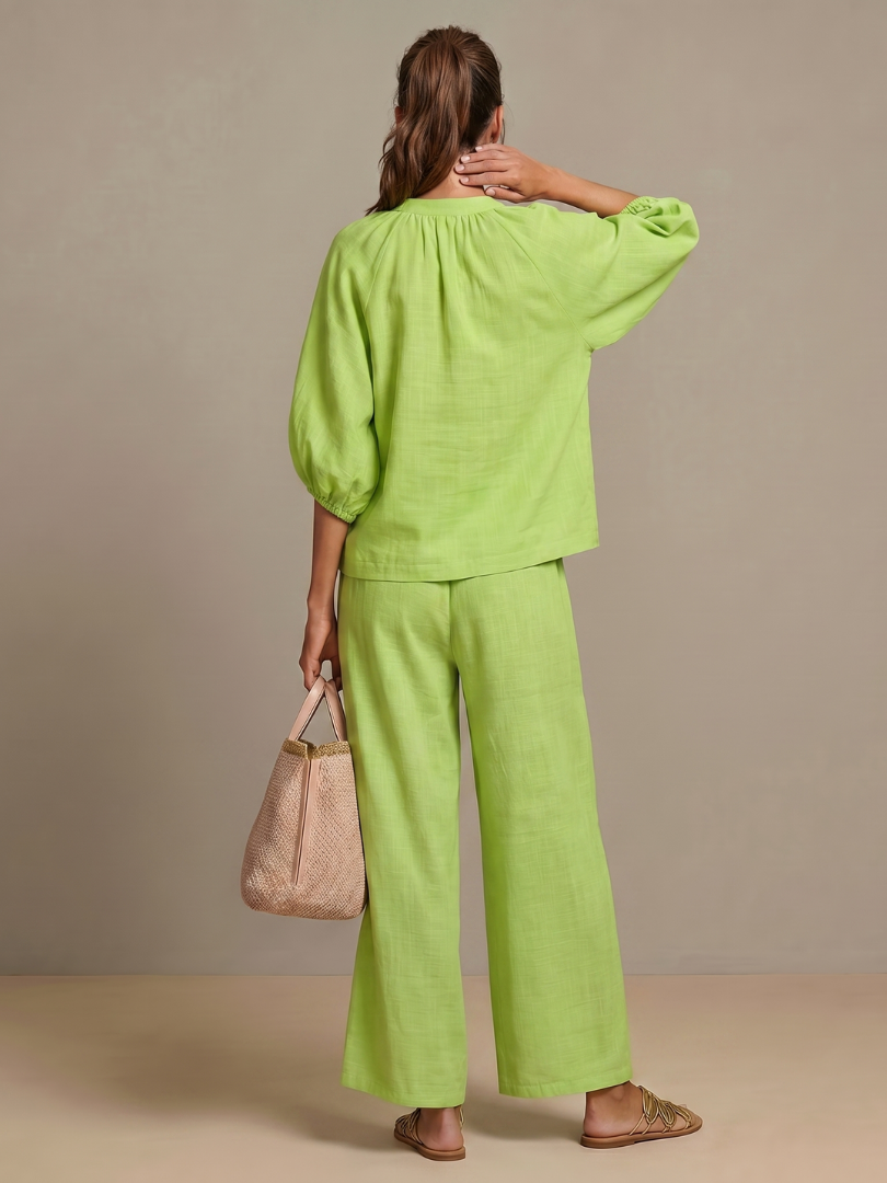 Women's Zip-Front Linen Blend Blouson Top & Wide Leg Pants Set | Olivia