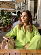 Women's Zip-Front Linen Blend Blouson Top & Wide Leg Pants Set | Olivia