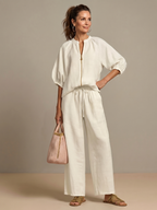 Women's Zip-Front Linen Blend Blouson Top & Wide Leg Pants Set | Olivia