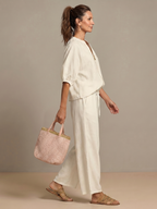 Women's Zip-Front Linen Blend Blouson Top & Wide Leg Pants Set | Olivia