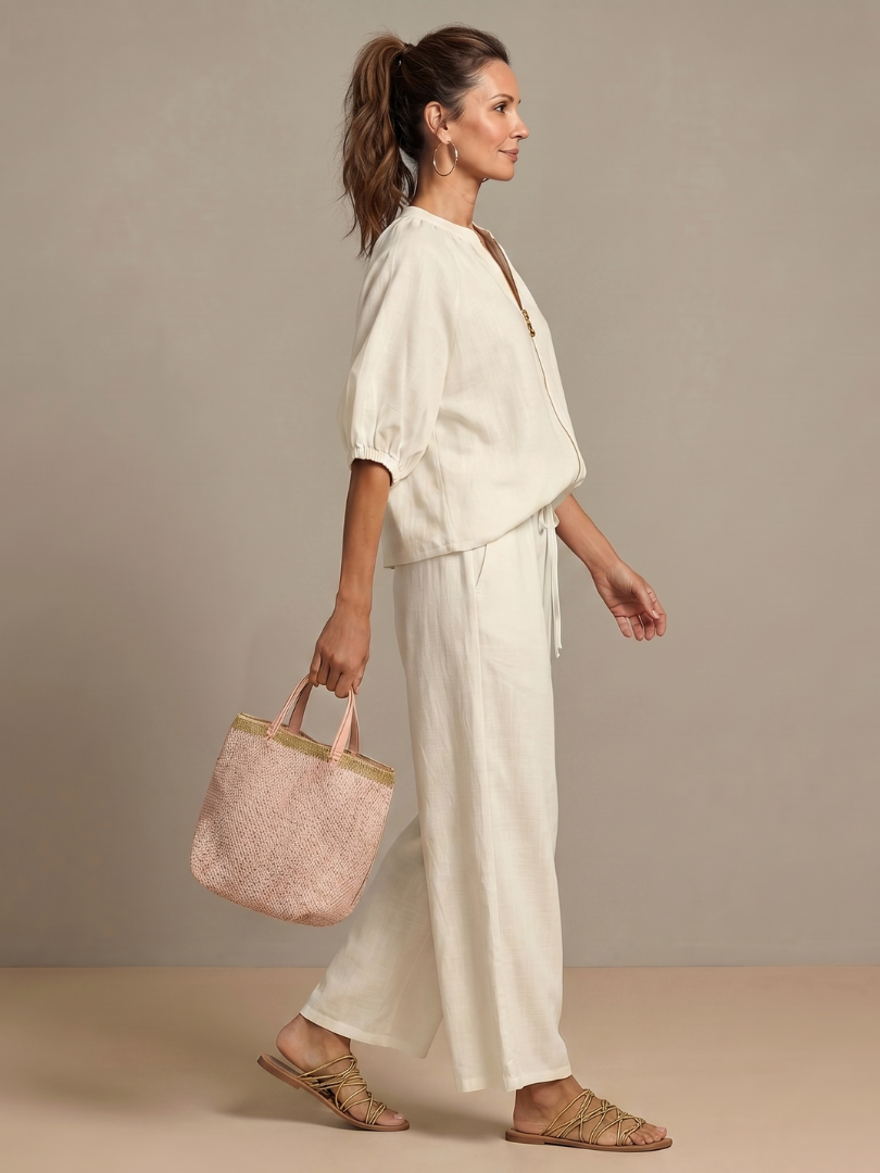 Women's Zip-Front Linen Blend Blouson Top & Wide Leg Pants Set | Olivia