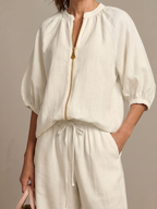 Women's Zip-Front Linen Blend Blouson Top & Wide Leg Pants Set | Olivia