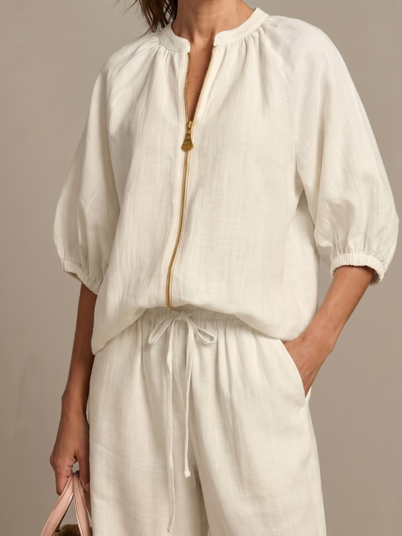Women's Zip-Front Linen Blend Blouson Top & Wide Leg Pants Set | Olivia