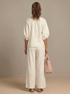Women's Zip-Front Linen Blend Blouson Top & Wide Leg Pants Set | Olivia