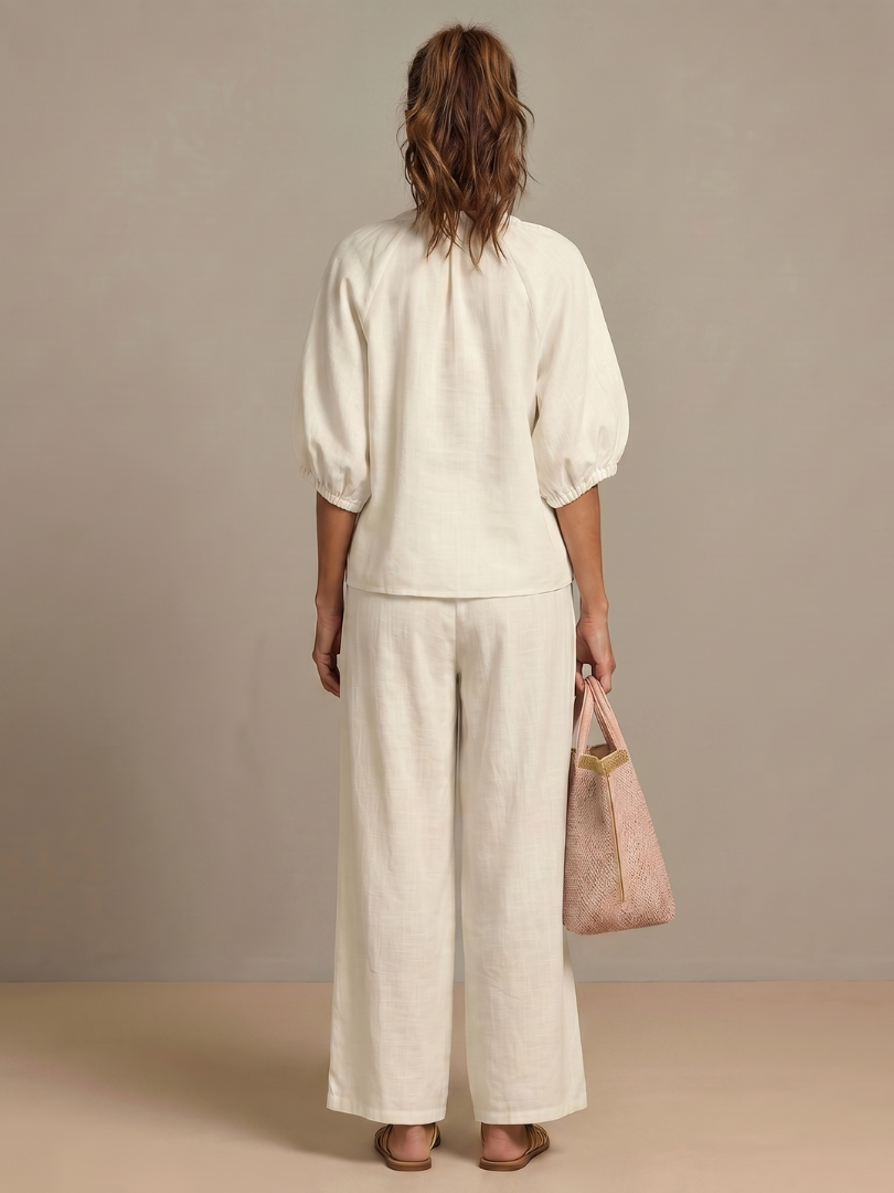 Women's Zip-Front Linen Blend Blouson Top & Wide Leg Pants Set | Olivia