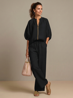 Women's Zip-Front Linen Blend Blouson Top & Wide Leg Pants Set | Olivia