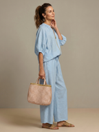 Women's Zip-Front Linen Blend Blouson Top & Wide Leg Pants Set | Olivia