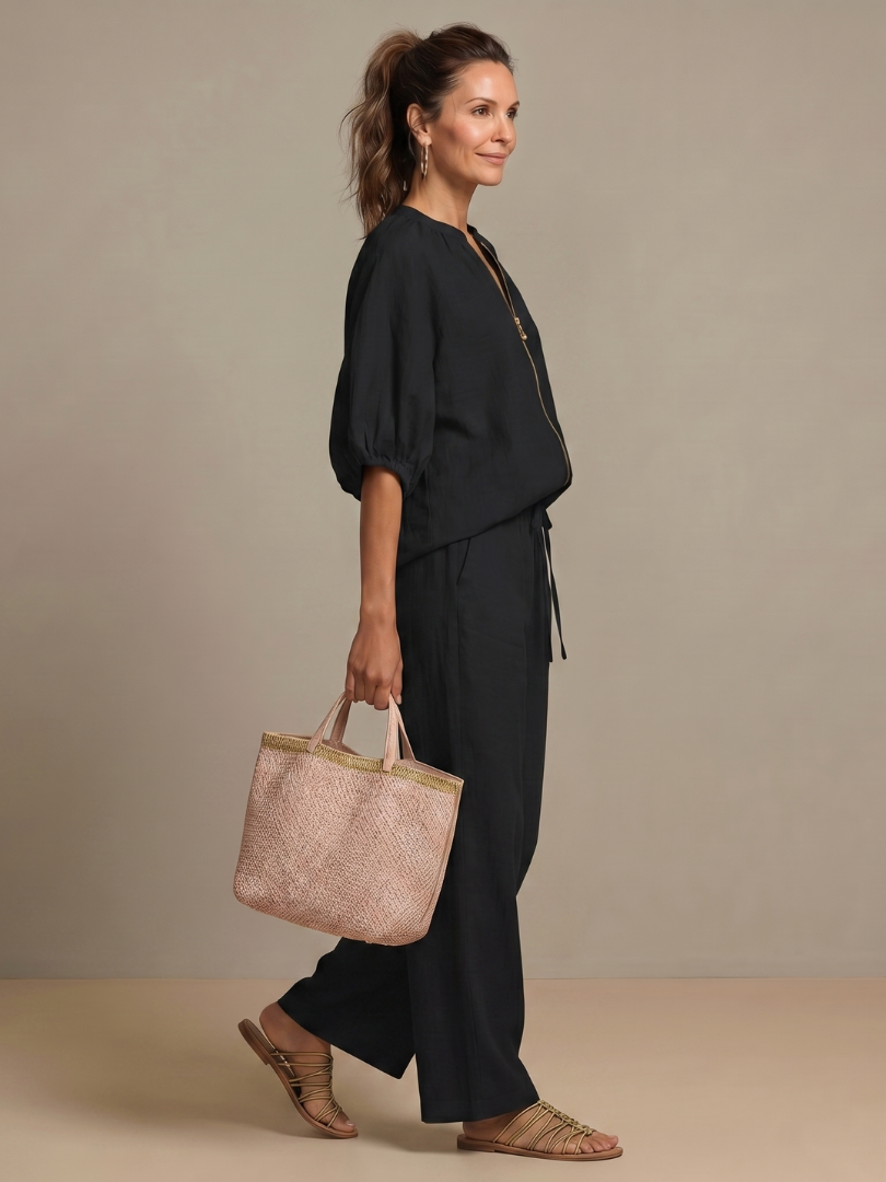 Women's Zip-Front Linen Blend Blouson Top & Wide Leg Pants Set | Olivia
