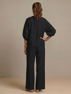 Women's Zip-Front Linen Blend Blouson Top & Wide Leg Pants Set | Olivia