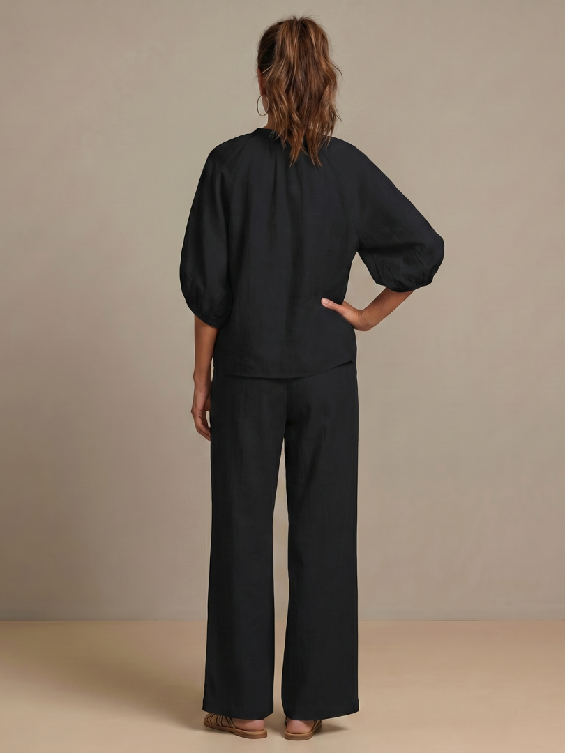 Women's Zip-Front Linen Blend Blouson Top & Wide Leg Pants Set | Olivia