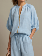 Women's Zip-Front Linen Blend Blouson Top & Wide Leg Pants Set | Olivia