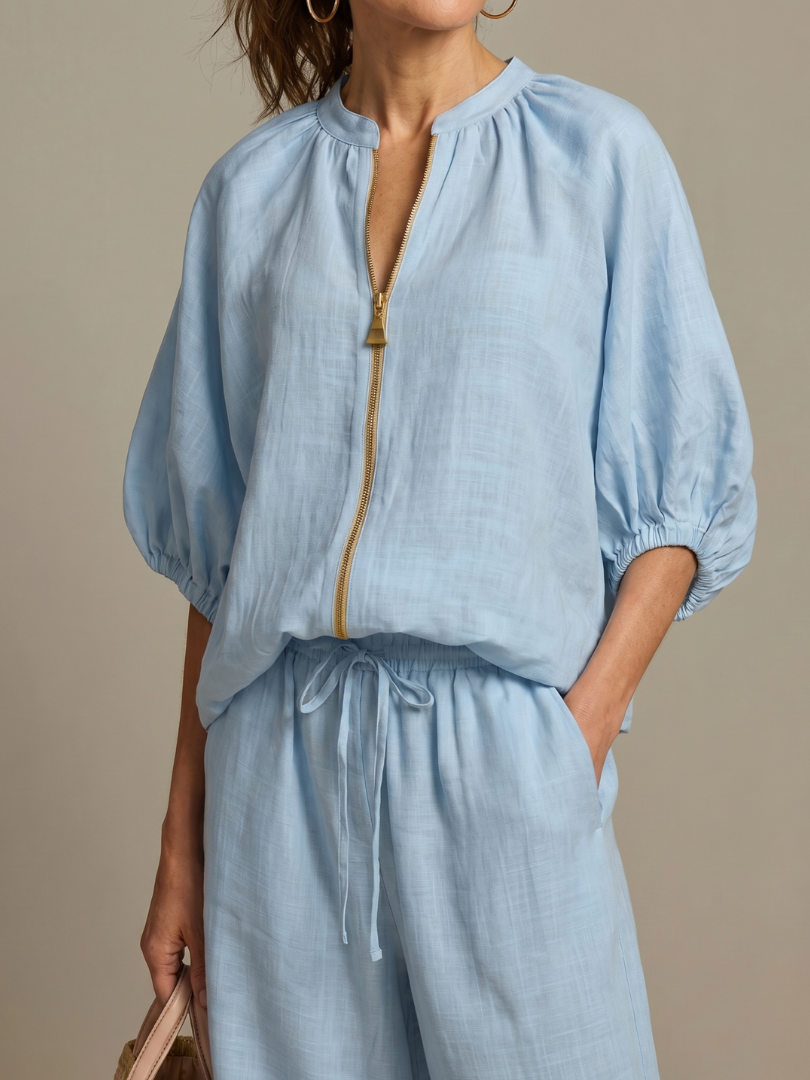 Women's Zip-Front Linen Blend Blouson Top & Wide Leg Pants Set | Olivia