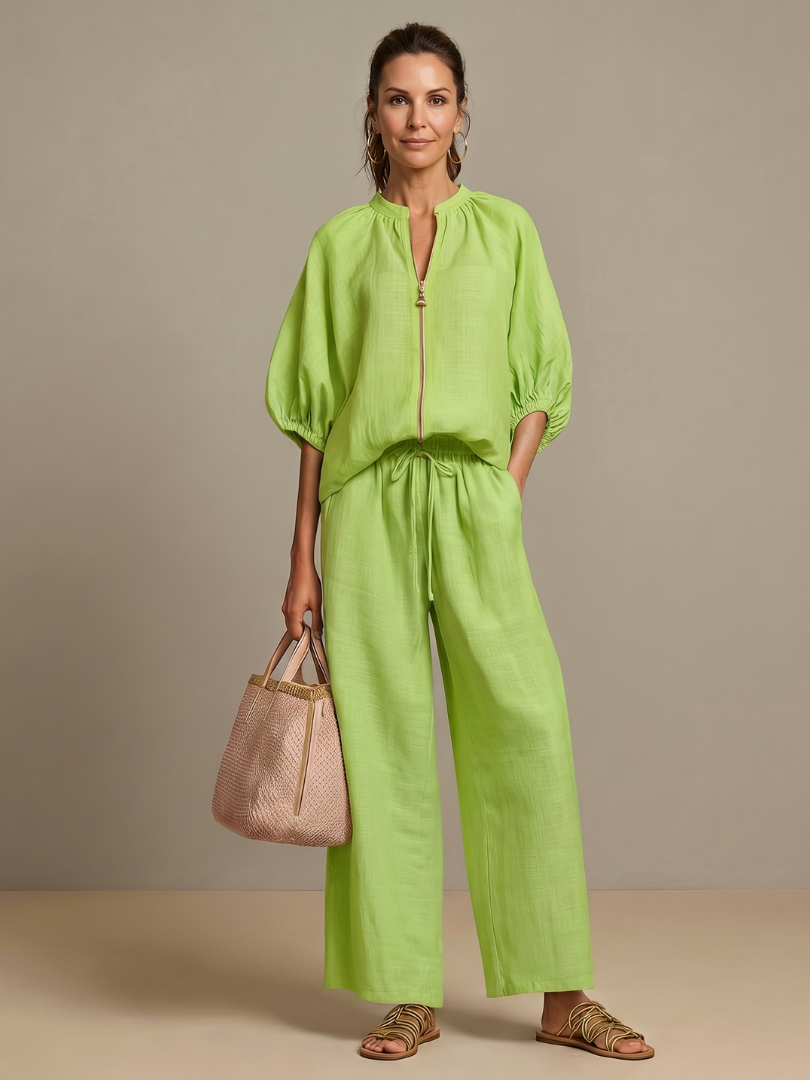 Women's Zip-Front Linen Blend Blouson Top & Wide Leg Pants Set | Olivia