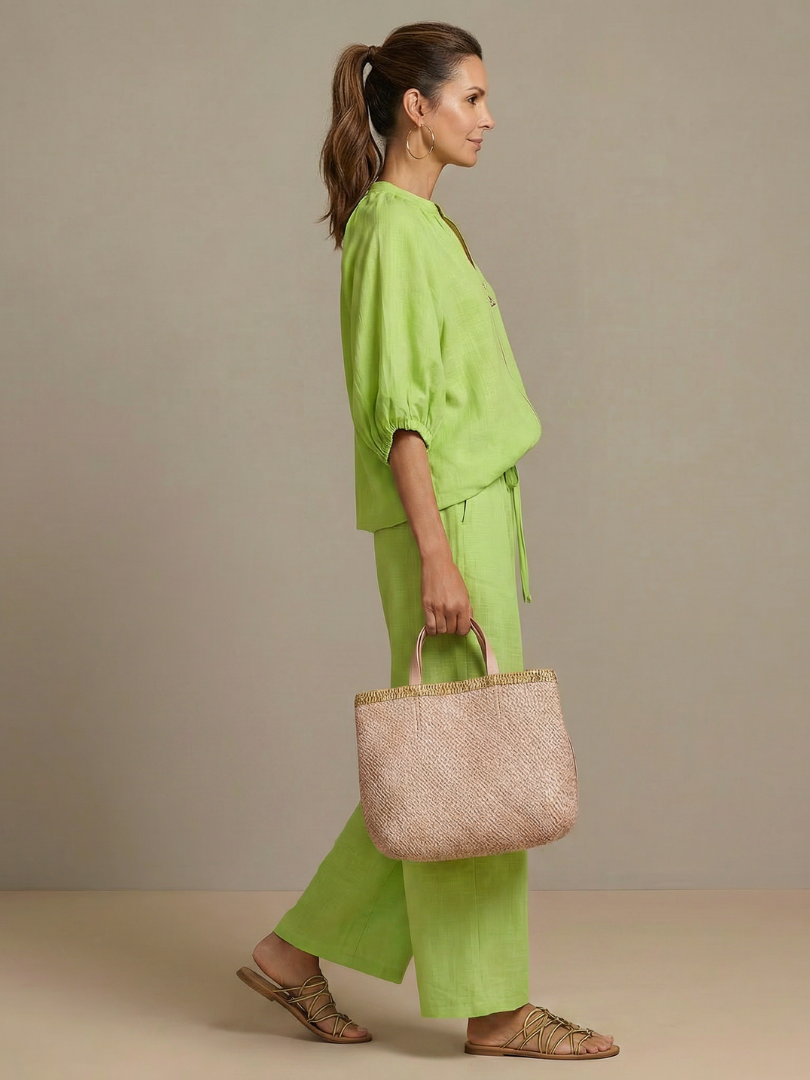 Women's Zip-Front Linen Blend Blouson Top & Wide Leg Pants Set | Olivia