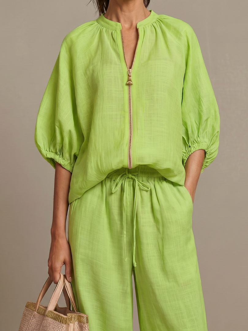 Women's Zip-Front Linen Blend Blouson Top & Wide Leg Pants Set | Olivia