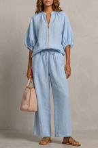 Women's Zip-Front Puff Sleeve Top & Wide-Leg Trousers Set | Paloma