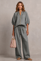 Women's Zip-Front Puff Sleeve Top & Wide-Leg Trousers Set | Paloma
