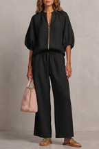 Women's Zip-Front Puff Sleeve Top & Wide-Leg Trousers Set | Paloma