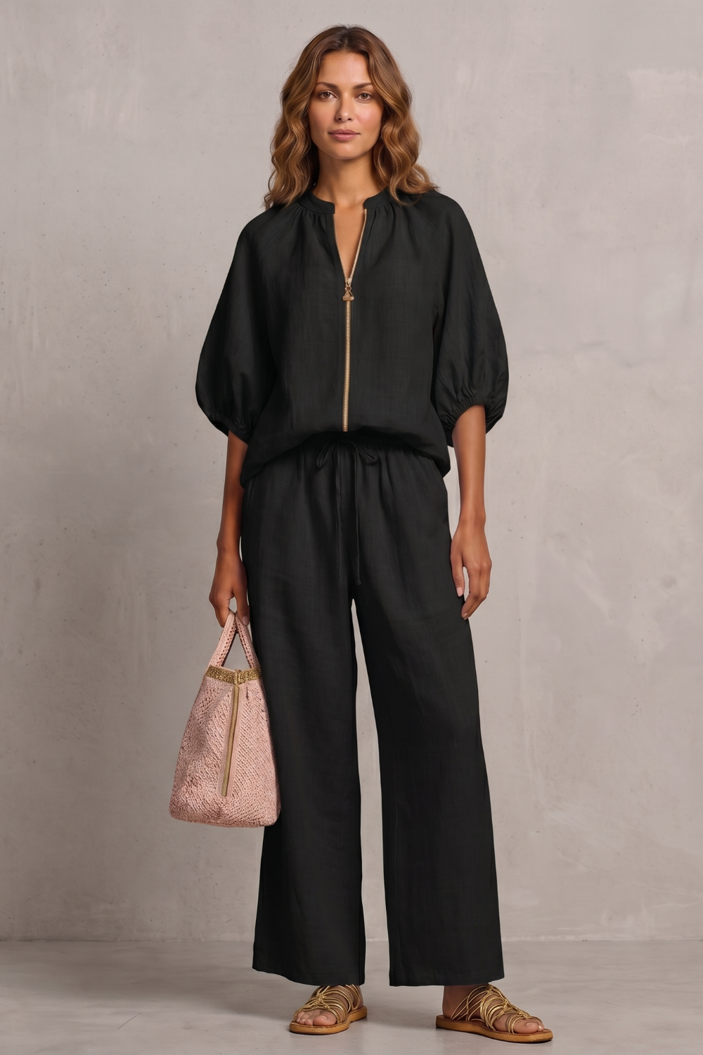 Women's Zip-Front Puff Sleeve Top & Wide-Leg Trousers Set | Paloma