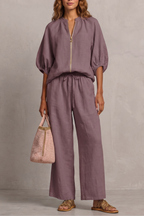Women's Zip-Front Puff Sleeve Top & Wide-Leg Trousers Set | Paloma