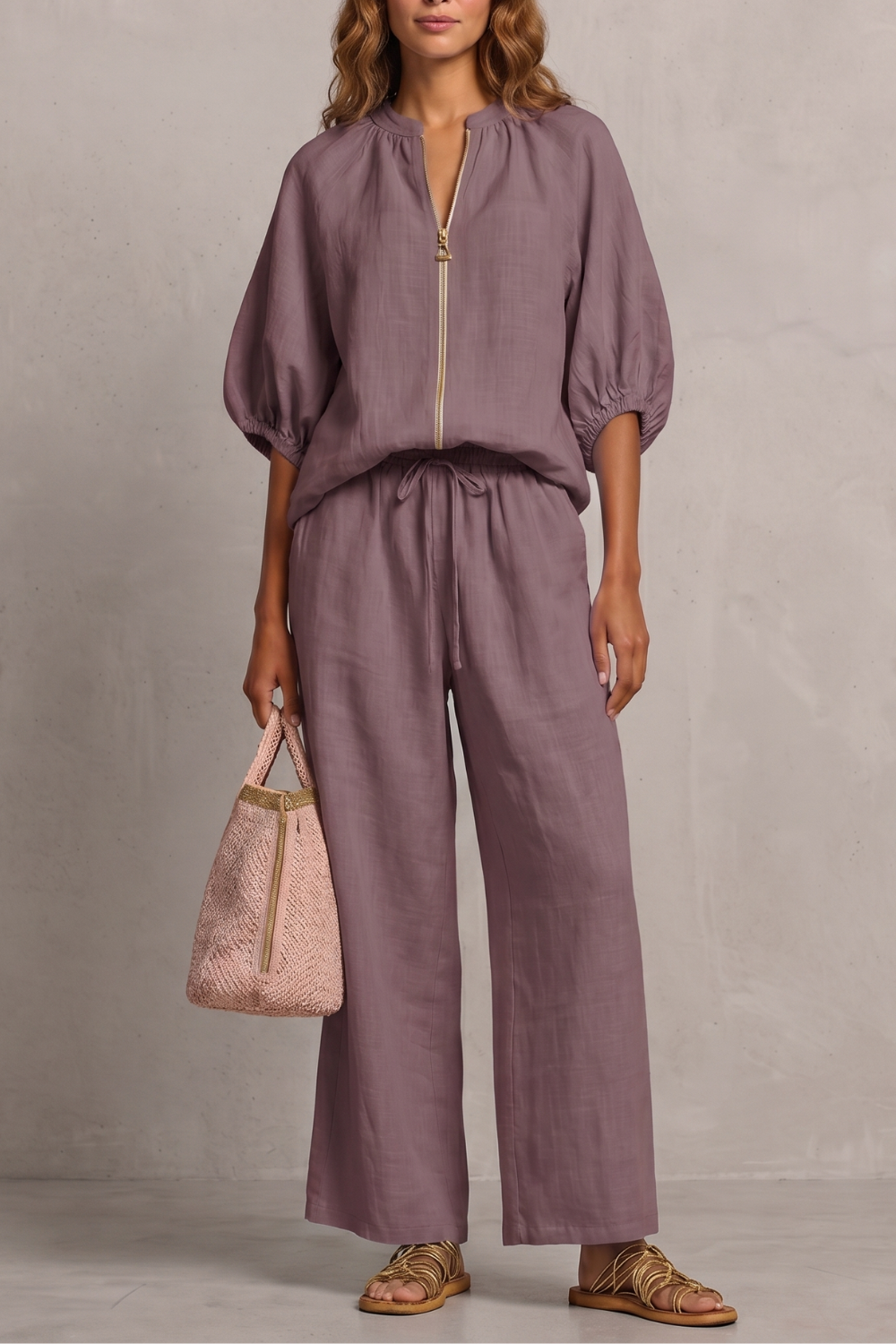 Women's Zip-Front Puff Sleeve Top & Wide-Leg Trousers Set | Paloma