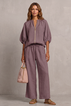 Women's Zip-Front Puff Sleeve Top & Wide-Leg Trousers Set | Paloma