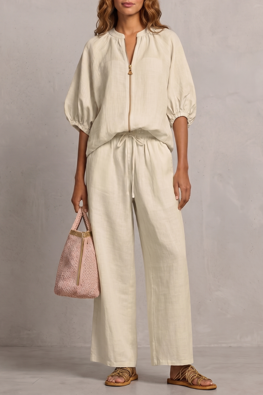 Women's Zip-Front Puff Sleeve Top & Wide-Leg Trousers Set | Paloma