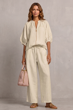 Women's Zip-Front Puff Sleeve Top & Wide-Leg Trousers Set | Paloma