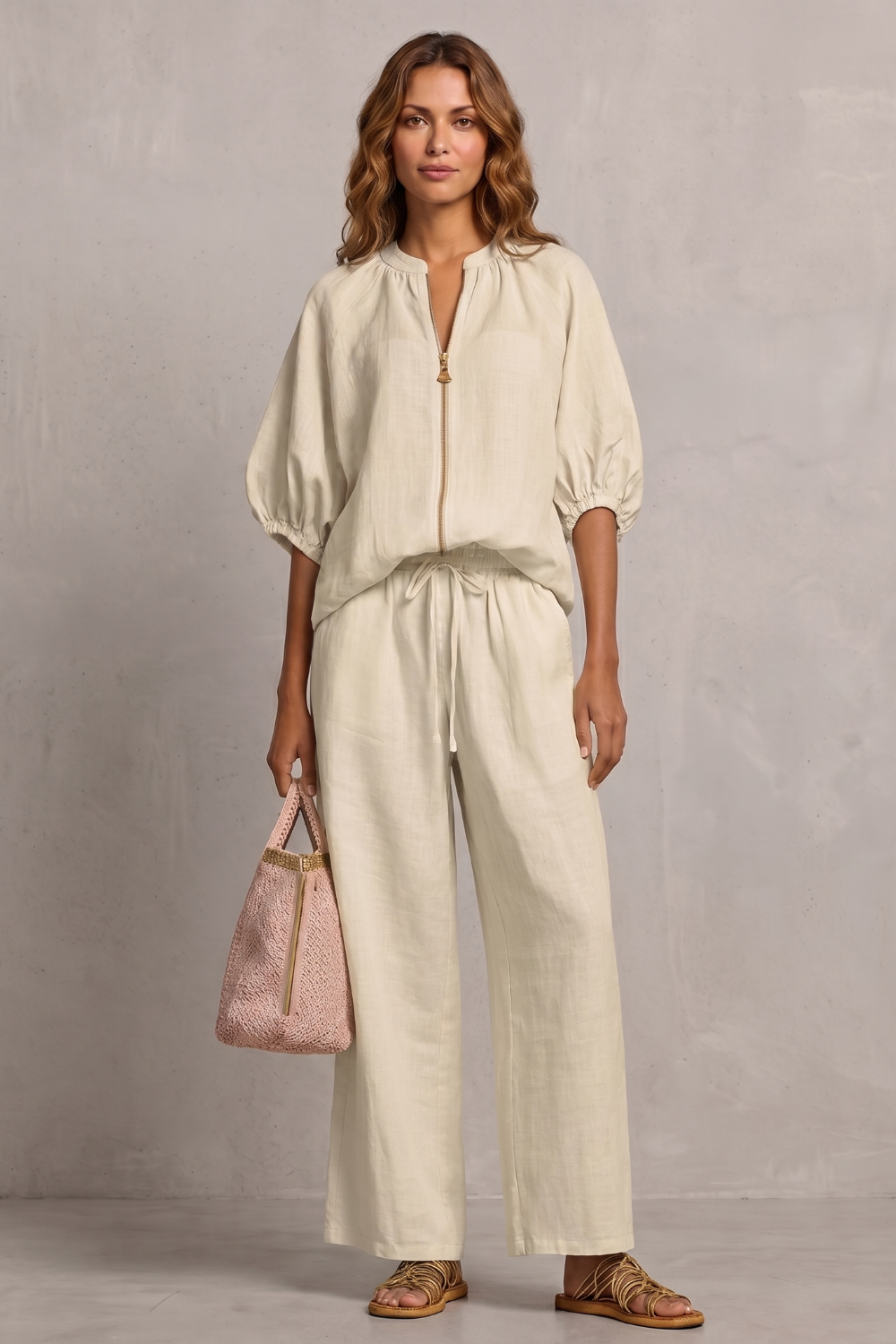 Women's Zip-Front Puff Sleeve Top & Wide-Leg Trousers Set | Paloma