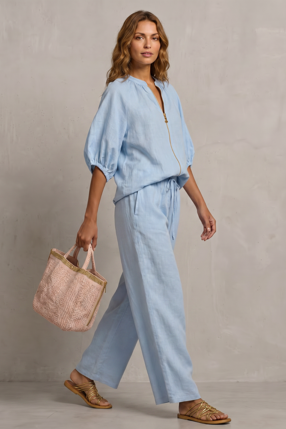 Women's Zip-Front Puff Sleeve Top & Wide-Leg Trousers Set | Paloma