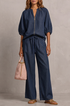 Women's Zip-Front Puff Sleeve Top & Wide-Leg Trousers Set | Paloma