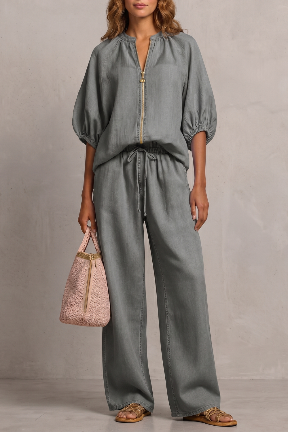 Women's Zip-Front Puff Sleeve Top & Wide-Leg Trousers Set | Paloma